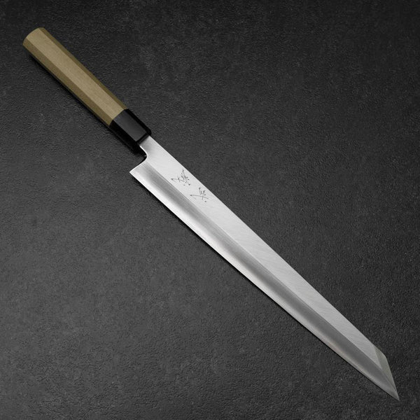 柳刃包丁 ステンレス鋼 木製ハンドル 切付柳刃 銀三鋼 霞 水牛朴木柄 300mm – MUSASHI