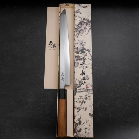 Yanagi Kiritsuke Silver Steel #3 Kasumi Buffalo Teak Handle 300mm (11.8”)-[Musashi]-[Japanese-Kitchen-Knives]