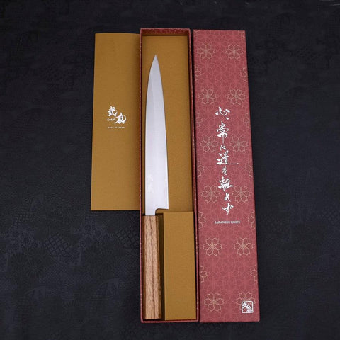 Yanagiba AUS-8 Polished Oak Handle 240mm (9.4”)-[Musashi]-[Japanese-Kitchen-Knives]
