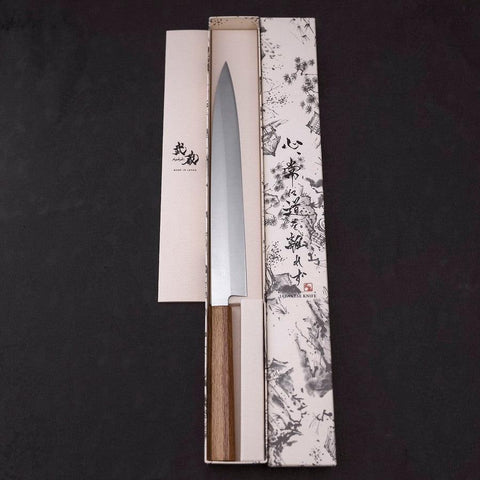 Yanagiba AUS-8 Polished Oak Handle 270mm (10.6”)-[Musashi]-[Japanese-Kitchen-Knives]