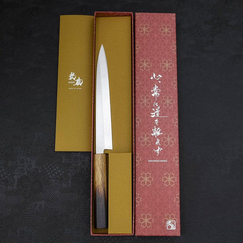 Yanagiba AUS-8 Polished Yaki Urushi Handle 210mm (8.3”)-[Musashi]-[Japanese-Kitchen-Knives]