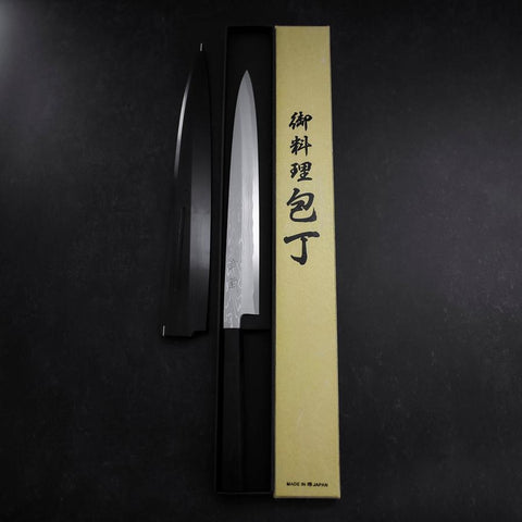 Yanagiba Blue Steel #1 Suminagashi Buffalo Ebony Handle With Sheath 270mm (10.6”)-[Musashi]-[Japanese-Kitchen-Knives]