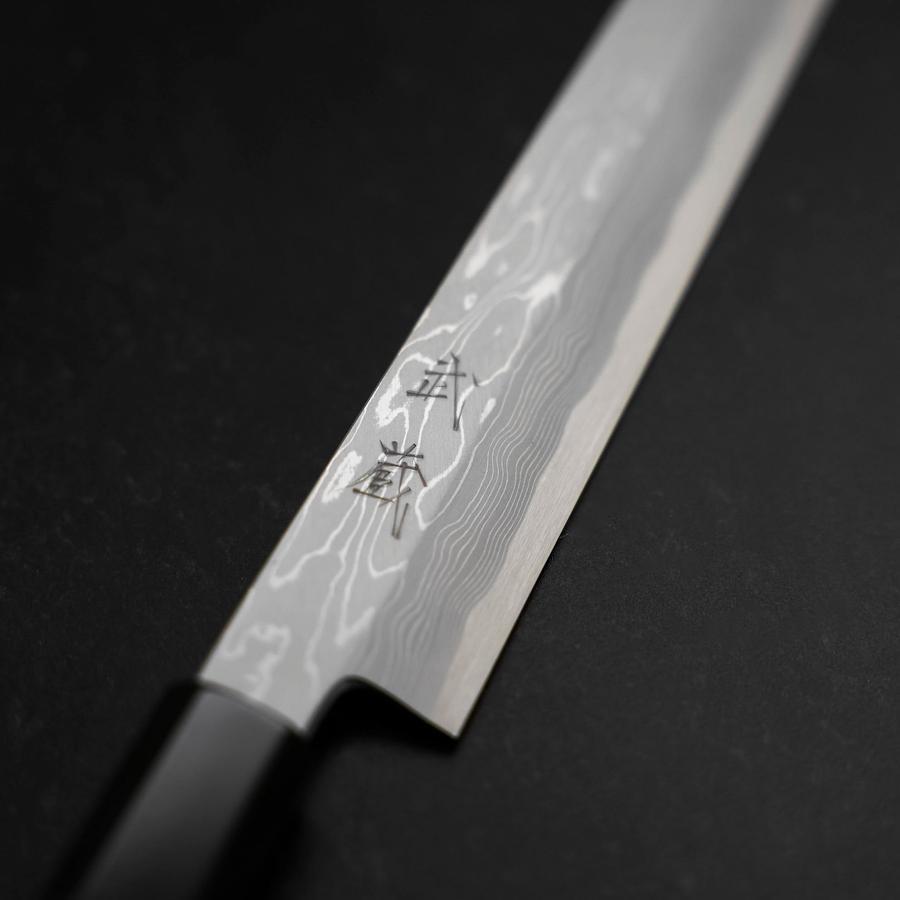 Yanagiba Blue Steel #1 Suminagashi Buffalo Ebony Handle With Sheath 270mm (10.6”)-[Musashi]-[Japanese-Kitchen-Knives]