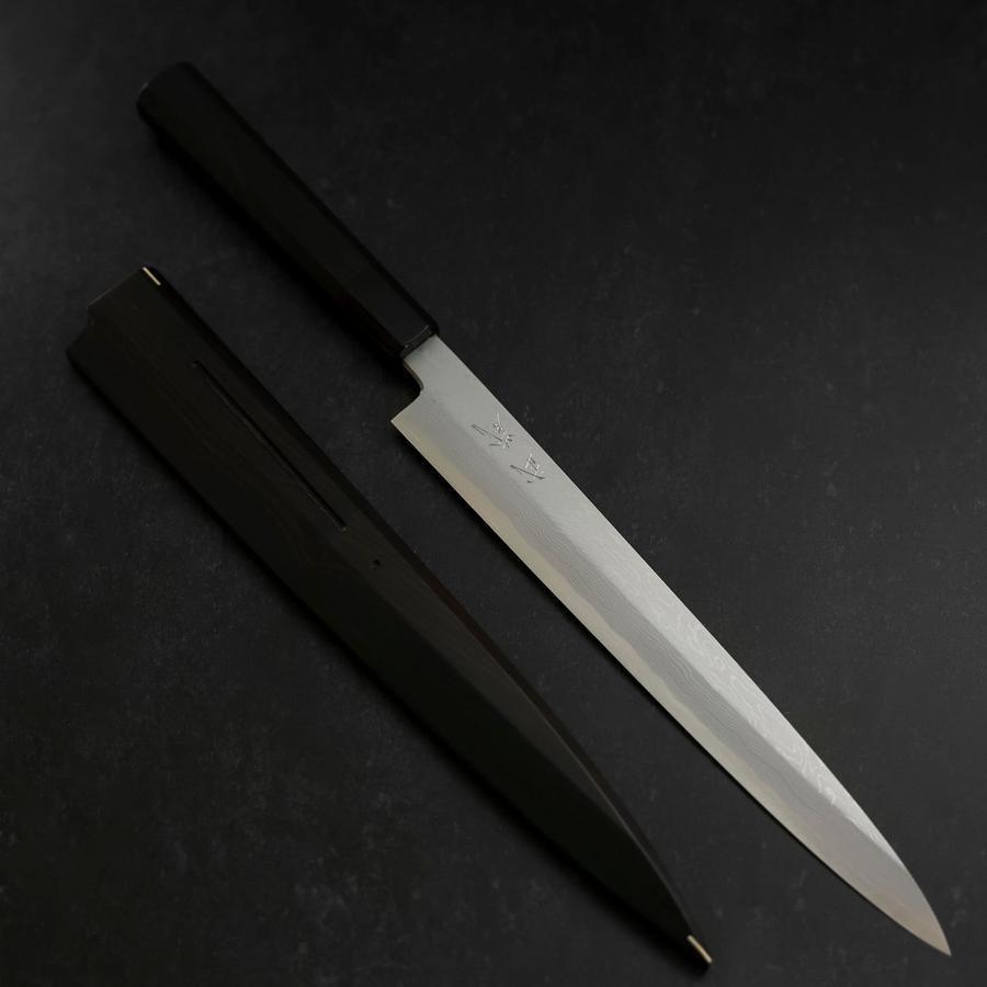 Yanagiba Blue Steel #1 Suminagashi Buffalo Ebony Handle With