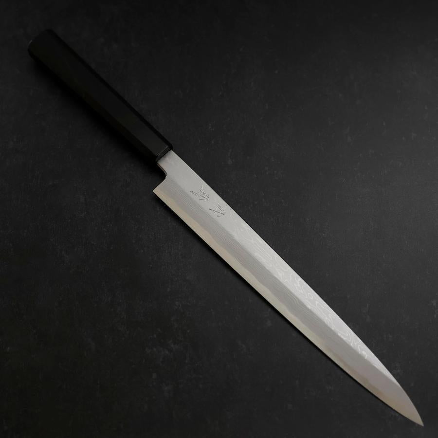 Yanagiba Blue Steel #1 Suminagashi Buffalo Ebony Handle With Sheath 270mm (10.6”)-[Musashi]-[Japanese-Kitchen-Knives]