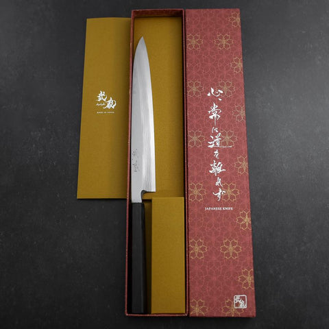 Yanagiba Blue Steel #2 Damascus Buffalo Ebony Handle 210mm (8.3”)-[Musashi]-[Japanese-Kitchen-Knives]