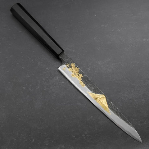 Yanagiba Blue Steel #2 Kurouchi Chokin Sakura-Fuji Buffalo Ebony Handle 210mm (8.3”)-[Musashi]-[Japanese-Kitchen-Knives]