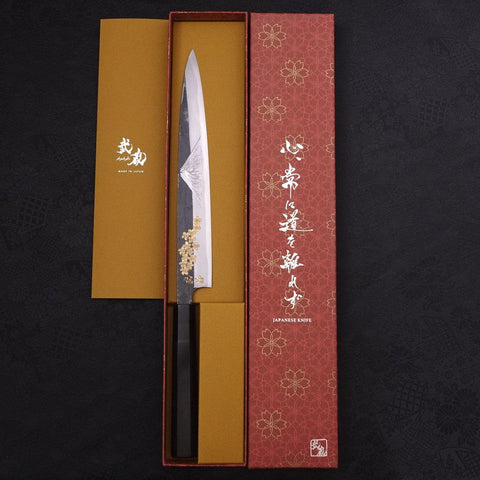Yanagiba Blue Steel #2 Kurouchi Chokin Sakura-Fuji Silver Buffalo Ebony Handle 240mm-[Musashi]-[Japanese-Kitchen-Knives]