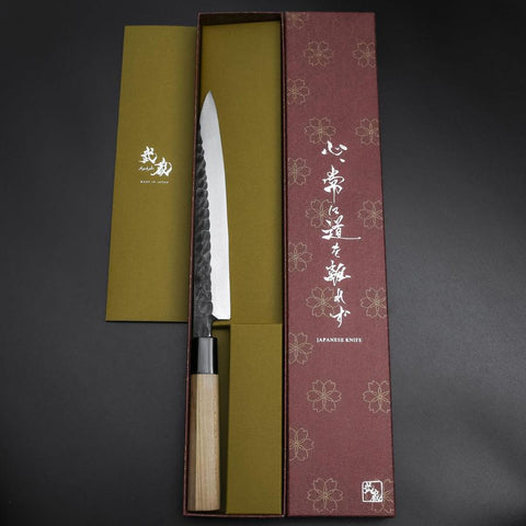Yanagiba Blue Steel #2 Kurouchi Tsuchime Cherry Handle 200mm (7.9”)-[Musashi]-[Japanese-Kitchen-Knives]
