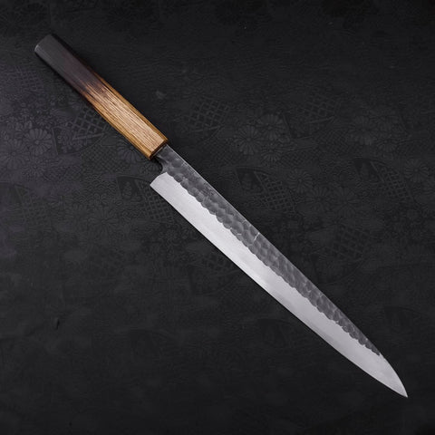 Yanagiba Blue Steel #2 Kurouchi Tsuchime Yaki Urushi Handle 270mm (10.6”)-[Musashi]-[Japanese-Kitchen-Knives]