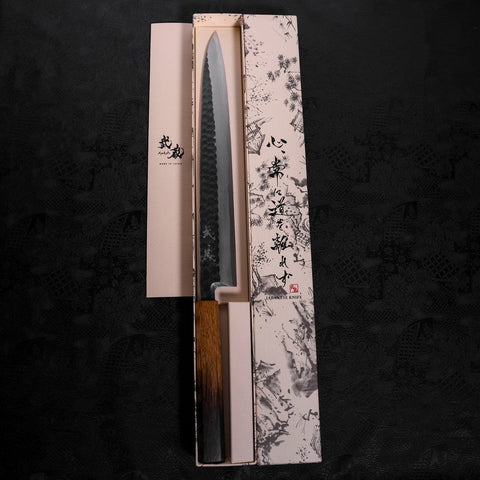 Yanagiba Blue Steel #2 Kurouchi Tsuchime Yaki Urushi Handle 300mm (11.8”)-[Musashi]-[Japanese-Kitchen-Knives]