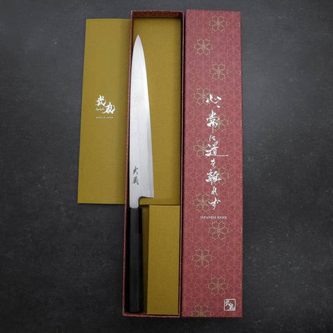 Yanagiba Blue Steel #2 Suminagashi Buffalo Ebony Handle 240mm (9.4”)-[Musashi]-[Japanese-Kitchen-Knives]