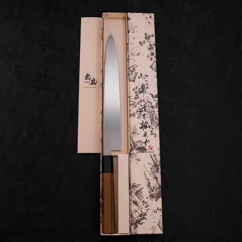 Yanagiba Left Hand AUS-10 Polished Buffalo Teak Handle 270mm (10.6”)-[Musashi]-[Japanese-Kitchen-Knives]