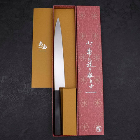 Yanagiba Left Hand AUS-10 Polished Ebony Handle 240mm (9.4”)-[Musashi]-[Japanese-Kitchen-Knives]