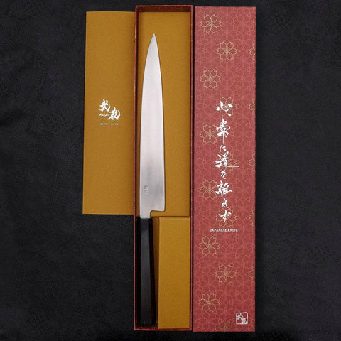 Yanagiba Left -Hand Silver Steel #3 Kasumi Buffalo Ebony Handle 240mm (9.4”)-[Musashi]-[Japanese-Kitchen-Knives]
