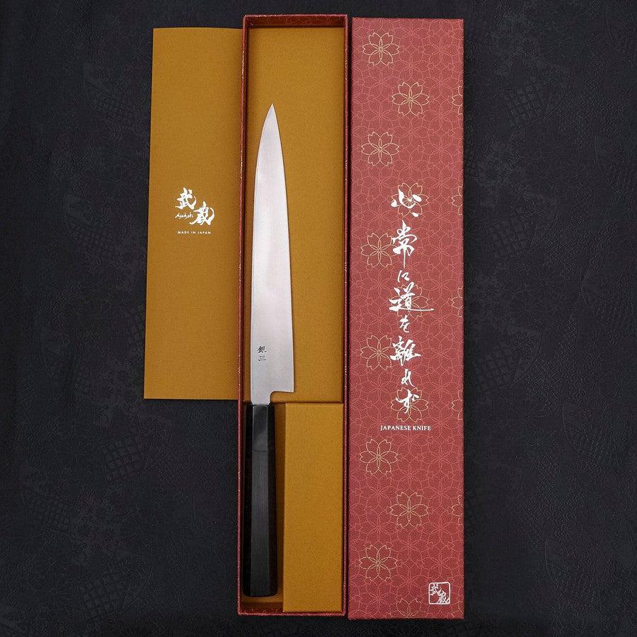 柳刃 片刃 左利き 銀紙3号 霞 黒檀水牛柄 210mm – MUSASHI