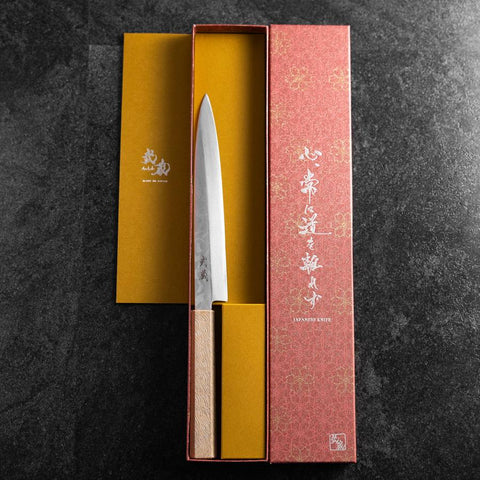 Yanagiba VG-10 Damascus White Urushi Handle 210mm (8.3”)-[Musashi]-[Japanese-Kitchen-Knives]