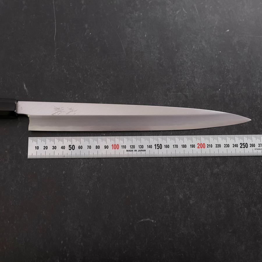 8705先丸包丁 9寸 鏡面仕上げ 刃は究極の切れ味 黒檀黒水牛角白三本巻八角柄 柳刃 白紙2号 霞 黒檀水牛柄 270mm – MUSASHI