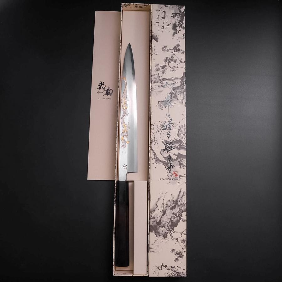 柳刃 白紙2号 霞 彫金 桜富士 黒檀水牛柄 240mm – MUSASHI