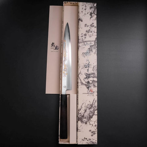 Yanagiba White Steel #2 Kasumi Chokin Dragon Buffalo Ebony Handle 240mm (9.4”)-[Musashi]-[Japanese-Kitchen-Knives]