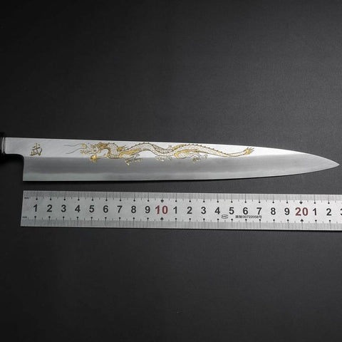 Yanagiba White Steel #2 Kasumi Chokin Dragon Buffalo Ebony Handle 240mm-[Musashi]-[Japanese-Kitchen-Knives]