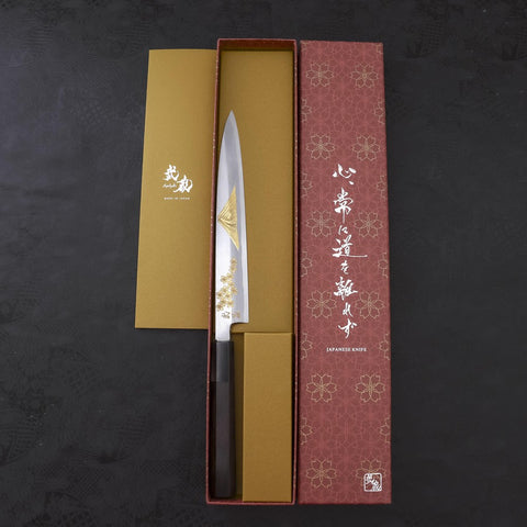 Yanagiba White Steel #2 Kasumi Chokin Sakura-Fuji Buffalo Ebony Handle 210mm (8.3”)-[Musashi]-[Japanese-Kitchen-Knives]