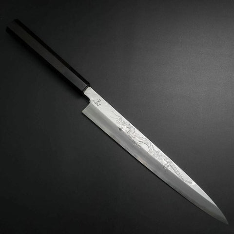 Yanagiba White Steel #2 Kasumi Silver Dragon Buffalo Ebony Handle 240mm (9.4”)-[Musashi]-[Japanese-Kitchen-Knives]