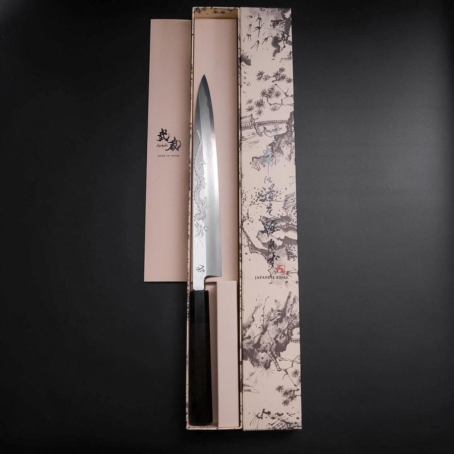 柳刃 白紙2号 霞 彫金 桜富士 黒檀水牛柄 240mm – MUSASHI